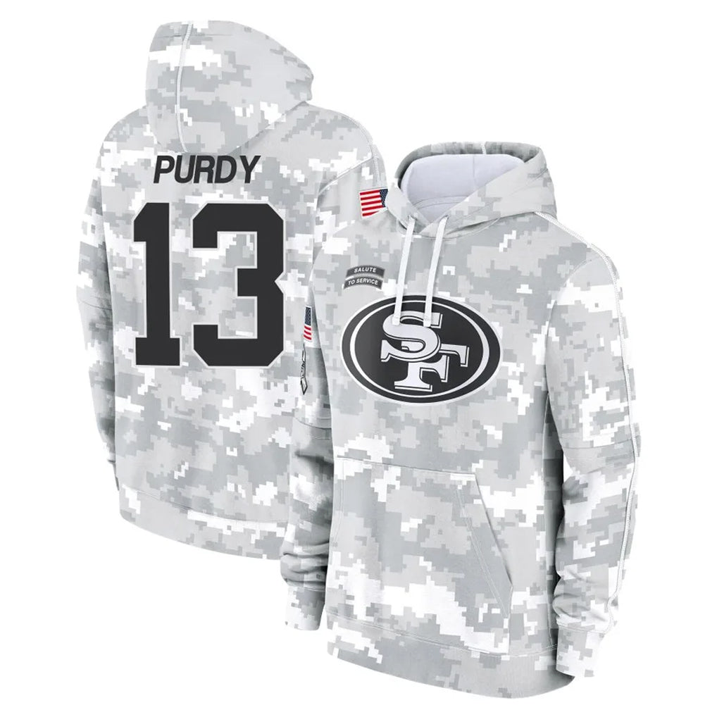 Fenge SF.49ers #13 Brock Purdy Player Arctic Camo Limited Salute to Service Pullover Hoodies Game Stitched Jerseys
