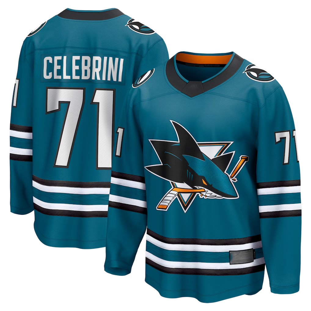 Fenge S.Jose Sharks #71 Macklin Celebrini Teal Home Breakaway Jerseys