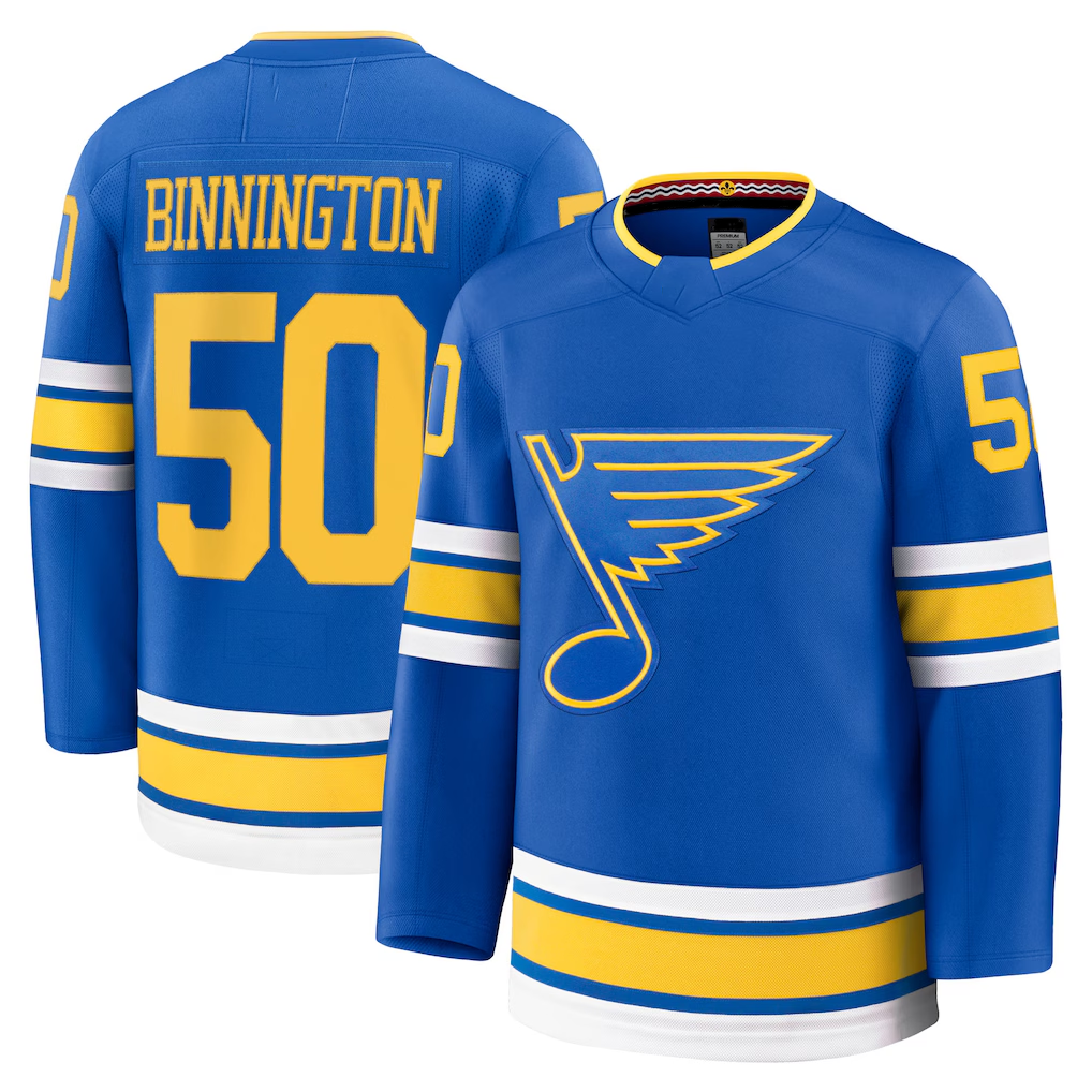 Fenge St.L.Blues #50 Jordan Binnington Blue Home Premium Player Jerseys