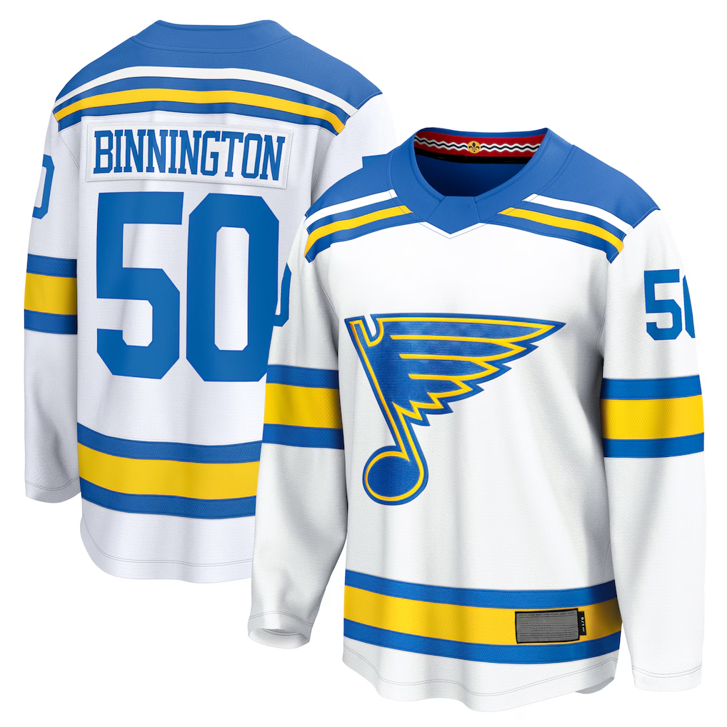Fenge St.L.Blues #50 Jordan Binnington White Away Breakaway Player Jerseys
