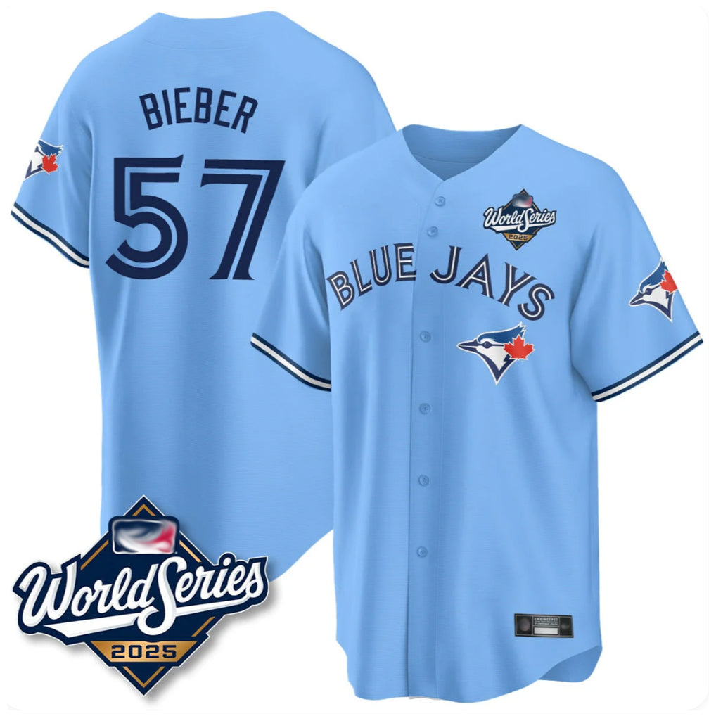 Fenge T.Blue Jays #57 Shane Bieber Player Blue 2025 World Series All Stitched Jerseys