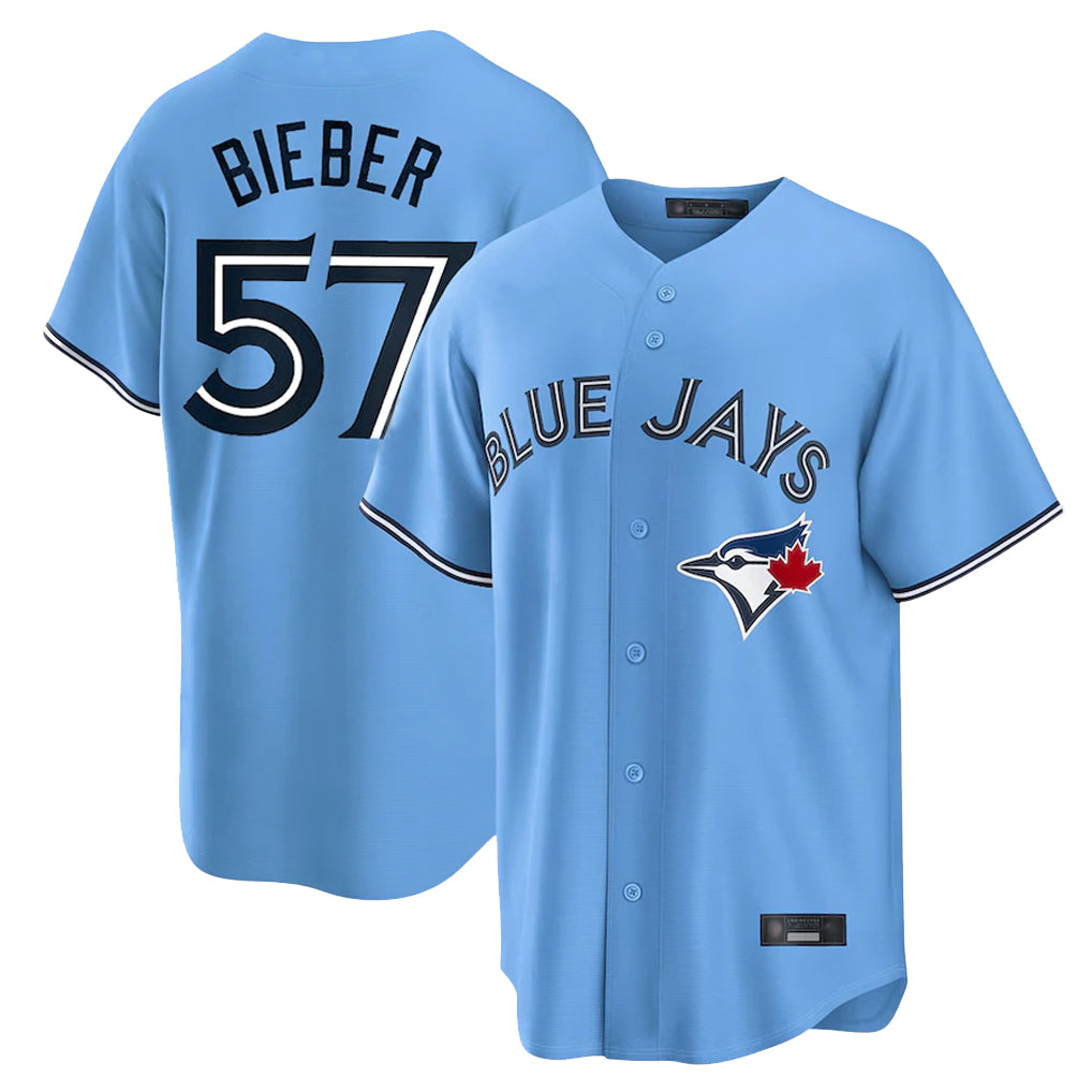 Fenge T.Blue Jays #57 Shane Bieber Player Blue Home Stitched Jerseys