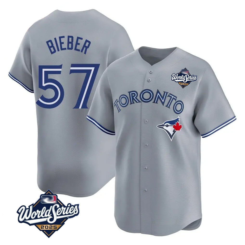 Fenge T.Blue Jays #57 Shane Bieber Player Gray 2025 World Series All Stitched Jerseys