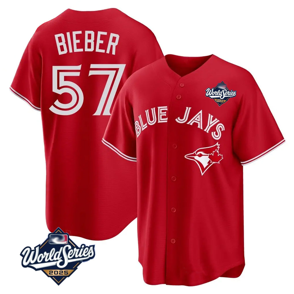 Fenge T.Blue Jays #57 Shane Bieber Player Red 2025 World Series All Stitched Jerseys