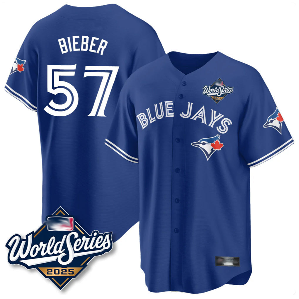 Fenge T.Blue Jays #57 Shane Bieber Player Royal 2025 World Series All Stitched Jerseys