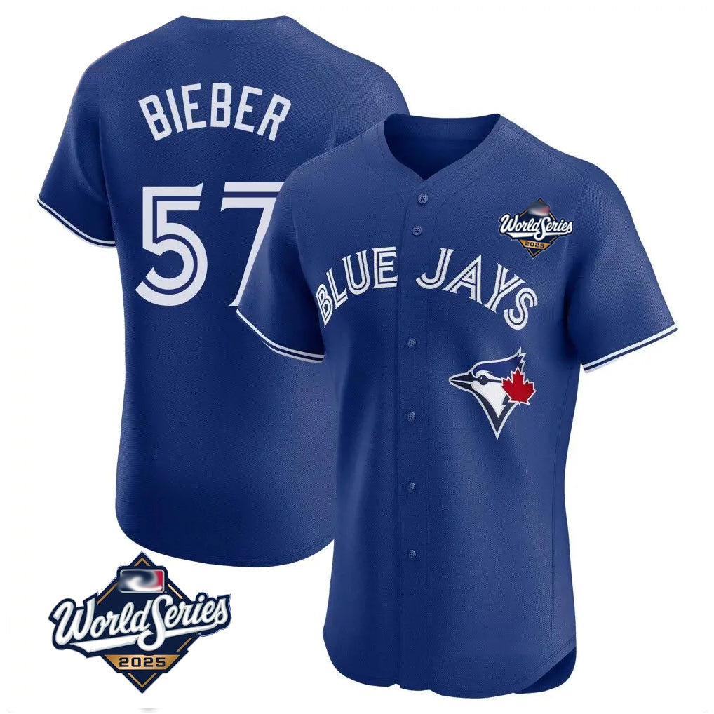 Fenge T.Blue Jays #57 Shane Bieber Player Royal 2025 World Series Elite All Stitched Jerseys