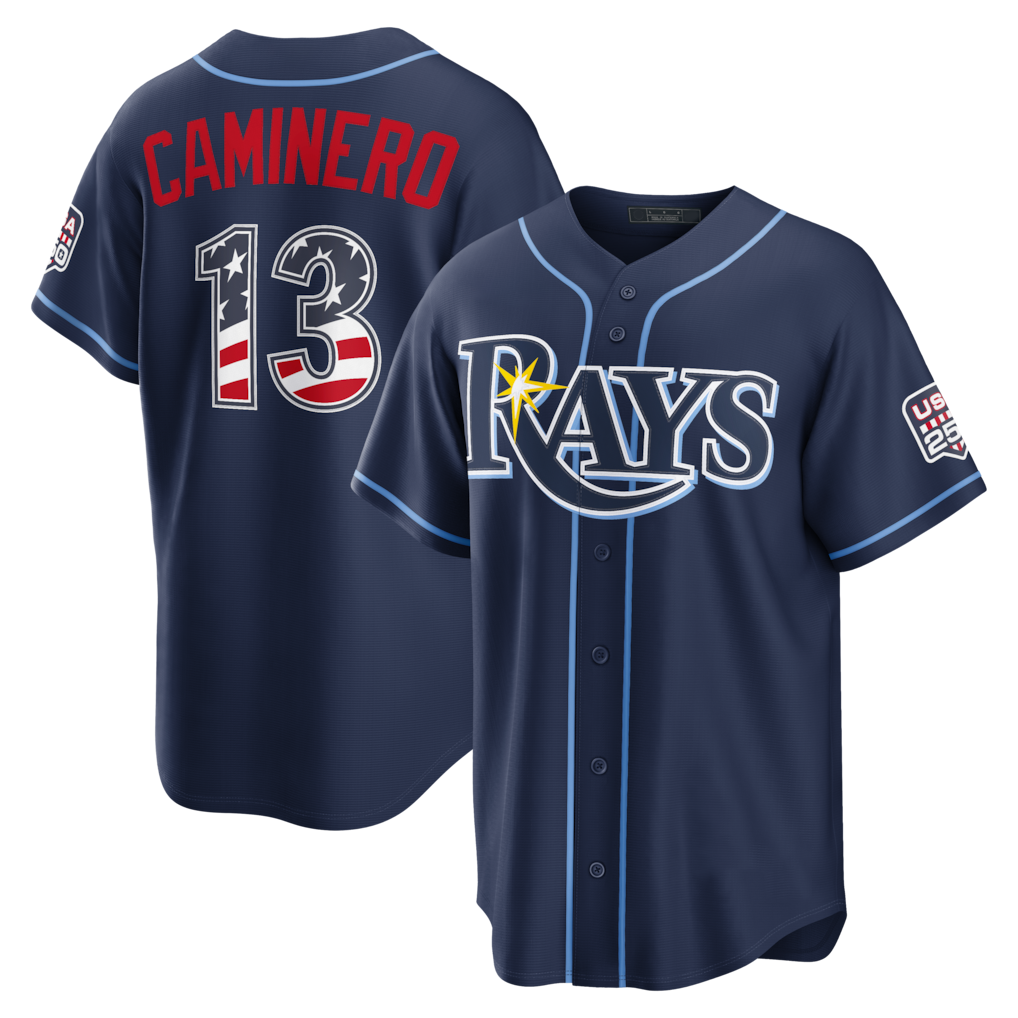 Fenge TB.Rays #13 Junior Caminero Navy USA 250 Fourth of July Road Stadium Jersey