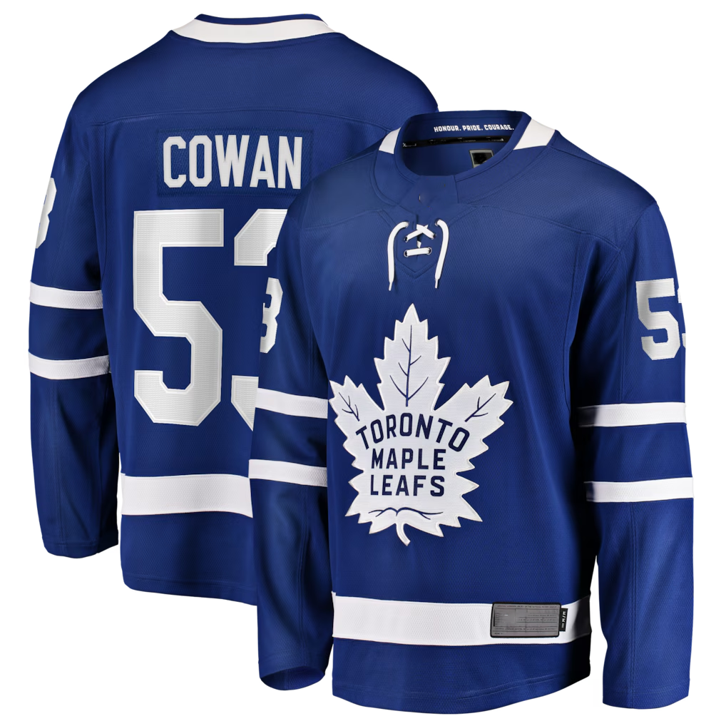 Fenge T.Maple Leafs #53 Easton Cowan Blue Home Breakaway Jerseys