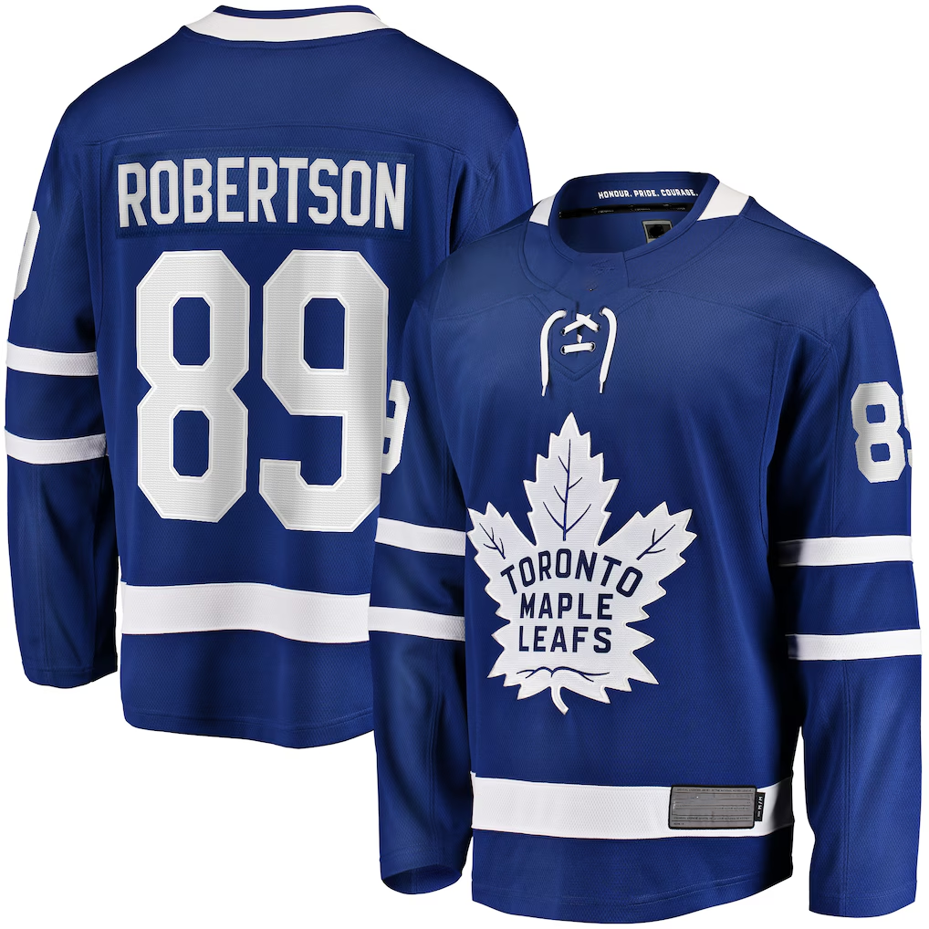 Fenge T.Maple Leafs #89 Nicholas Robertson Blue Home Premier Breakaway Player Jerseys