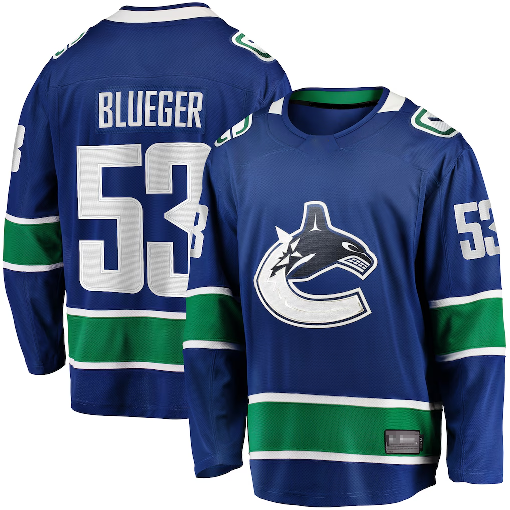 Fenge V.Canucks #53 Teddy Blueger Blue Home Breakaway Jerseys