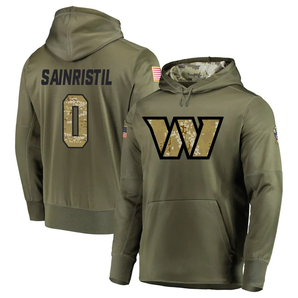 Fenge W.Commanders #0 Mike Sainristil Player Olive Salute to Service Hoodies Stitched Jerseys