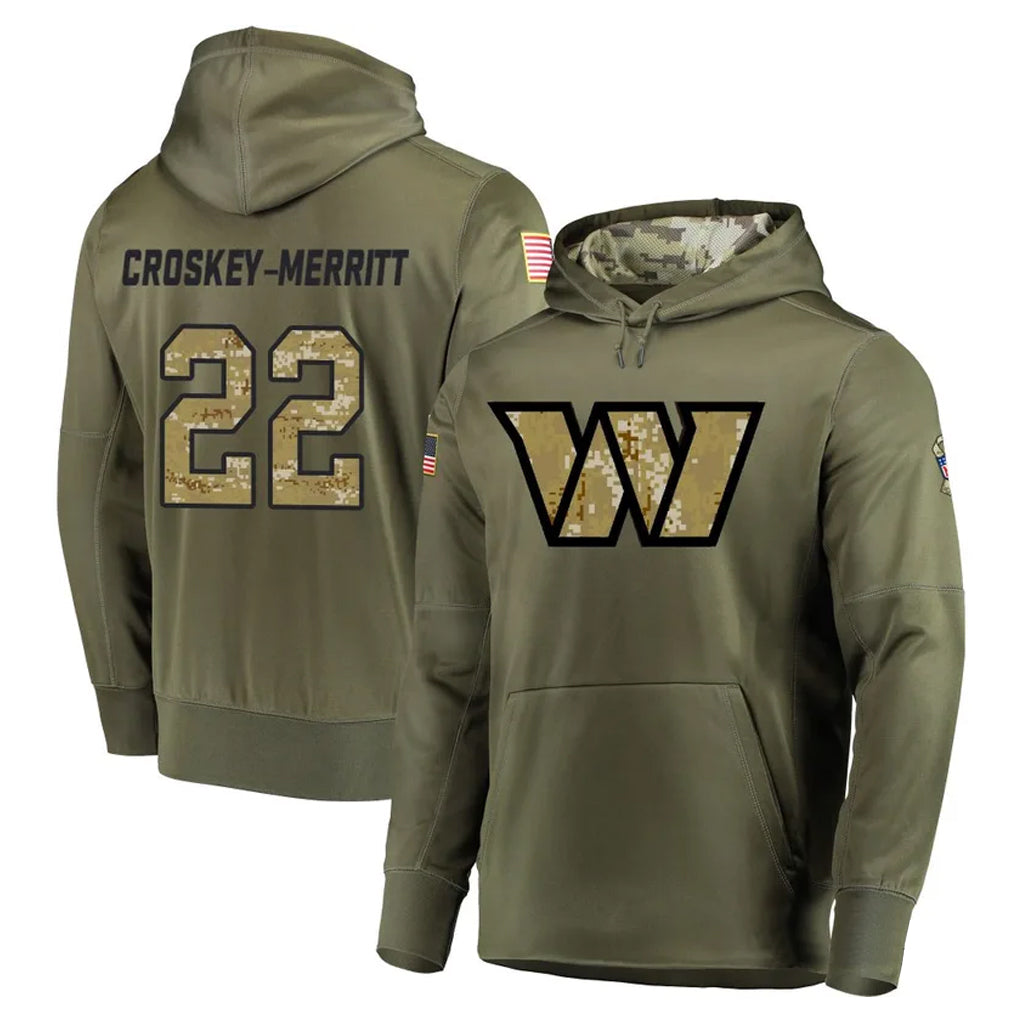 Fenge W.Commanders #22 Jacory Croskey-Merritt Player Olive Salute to Service Limited Hoodies Stitched Jerseys