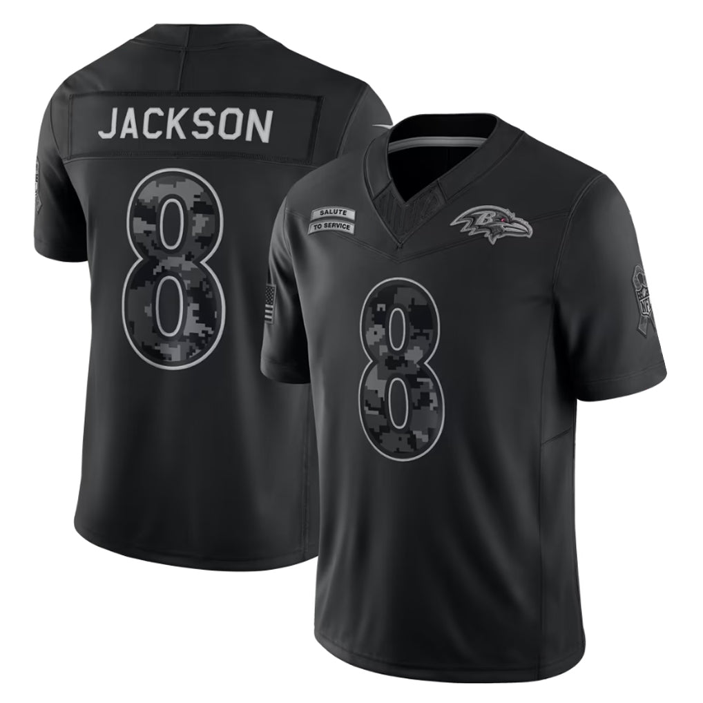 Fenge B.Ravens #8 Lamar Jackson Player Black Limited 2026 Salute to Service Home Game Stitched Jerseys